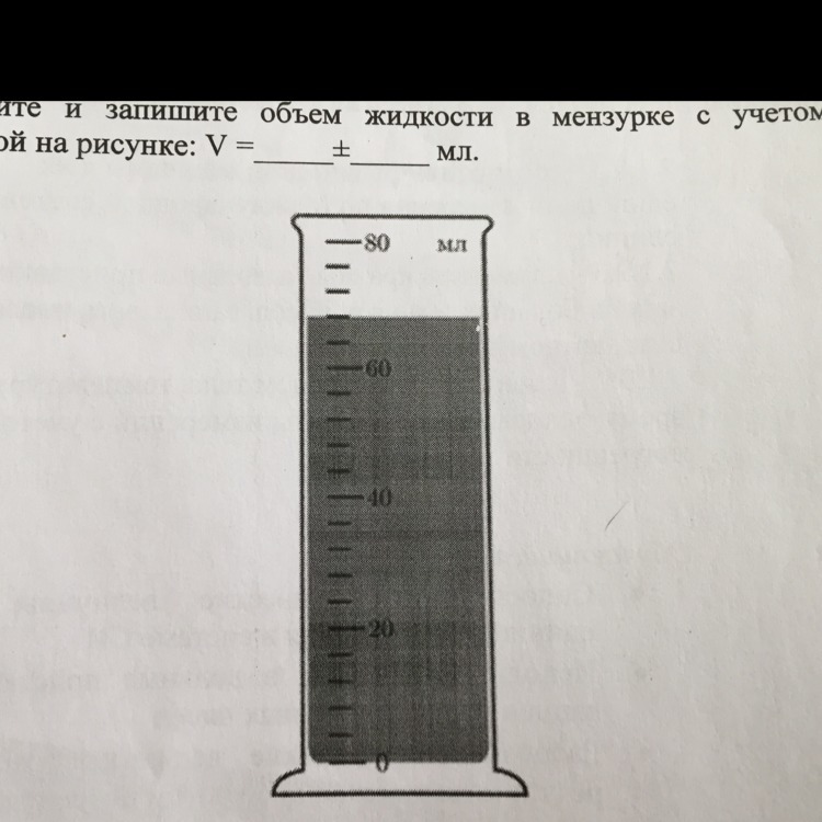 Определите и запишите объем жидкости в мензурке с учетом погрешности изображенной на рисунке v мл