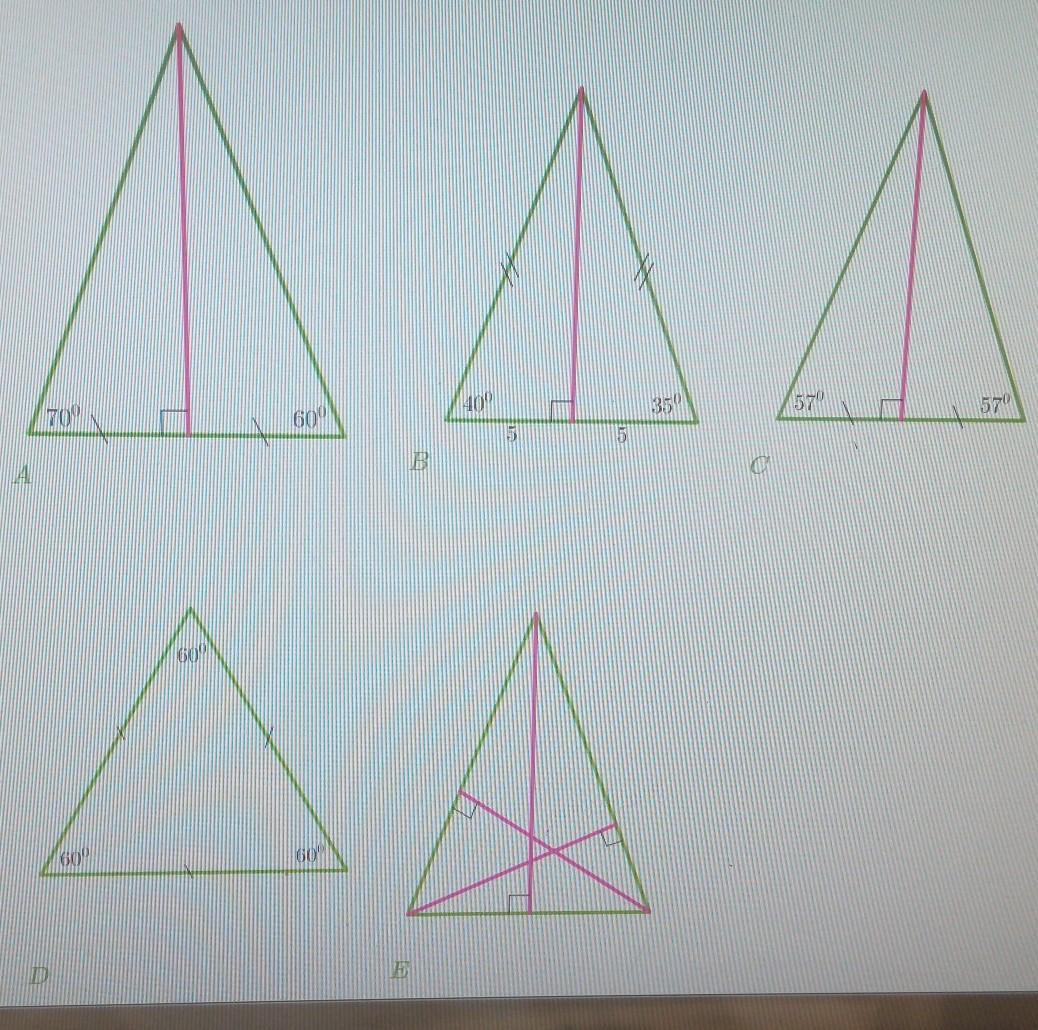 Даны рисунки пяти треугольников на которых дана некоторая информация об углах и отрезках на которых